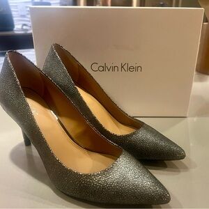 Calvin Klein silver heels, size 9, 3 1/4 inch heel